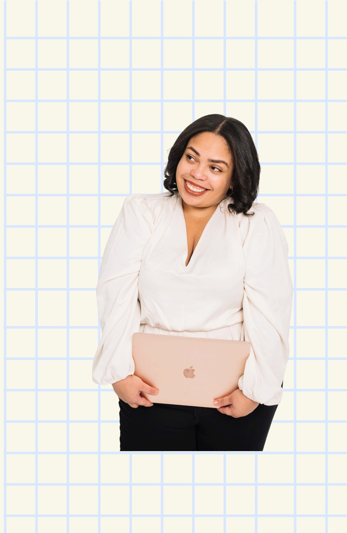 Natalie Madrigal smiling and holding a laptop in front of a blue grid background