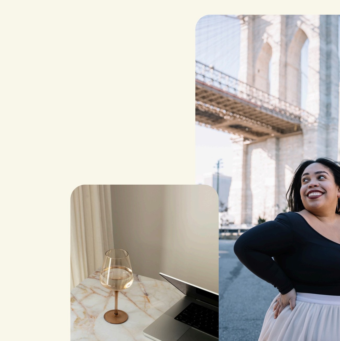 Natalie smiling in front of the Brooklyn Bridge, with a wine glass and laptop on a marble table